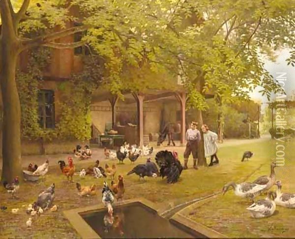 A French Farmyard With Poultry And Children Oil Painting - Charles Bertrand D'entraygues