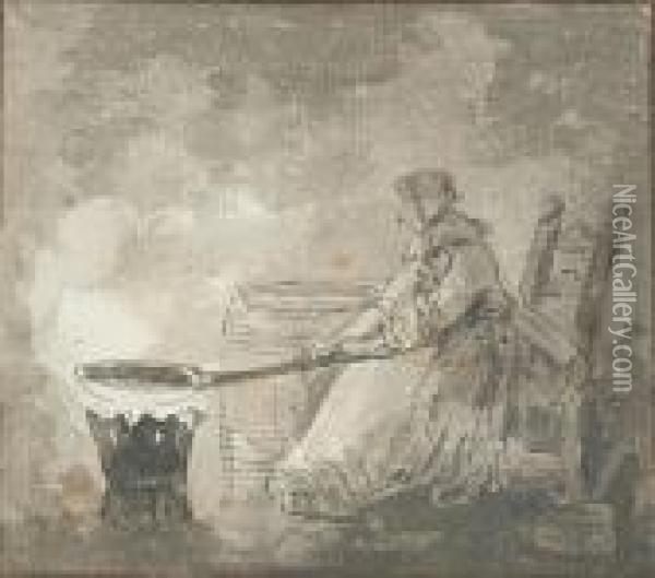 Woman Cooking Over A Fire Oil Painting - Hubert Robert