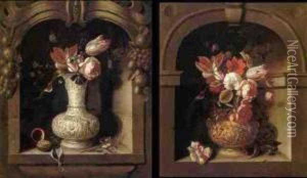 Still Life Of A Bouquet Of Flowers In A Vase In A Niche: A Pair Of Paintings Oil Painting - Pieter Gerritsz. van Roestraten