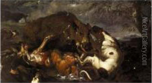 Wild Boar Hunt Oil Painting - Carl Borromaus Andreas Ruthart