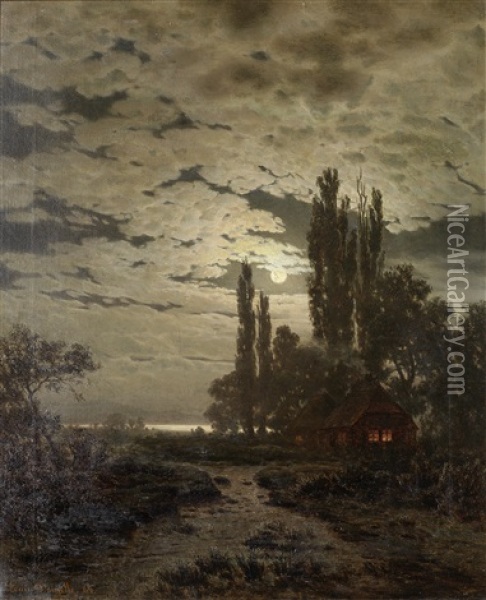 A Moonlit Landscape Oil Painting - Louis Douzette