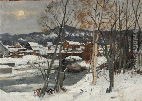 View From A Snow-covered Norwegian Village Oil Painting - Jacob Oxholm Schive