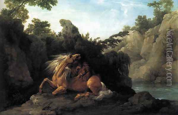 Lion Devouring a Horse 1763 Oil Painting - George Stubbs