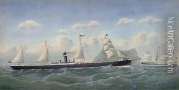 The Steamer 
Ameer 
 And The Barque 
Sindia 
 Off Gibraltar Oil Painting - Richard Henry Neville-Cumming