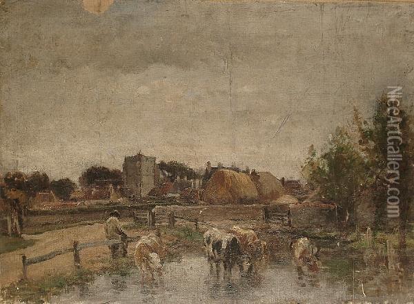 Cattle Watering In A Village Pond Oil Painting - William Mark Fisher