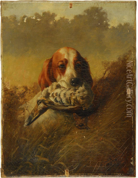A Setter With A Ruffed Grouse Oil Painting - Louis Contoit