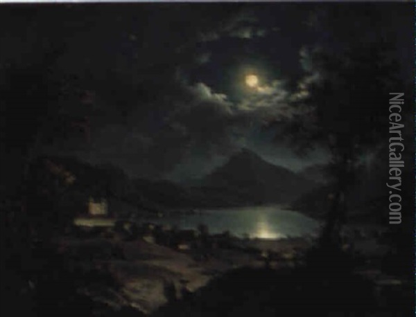 A View Of Lake Mondsee, Lake Mondsee Oil Painting - Hubert Sattler