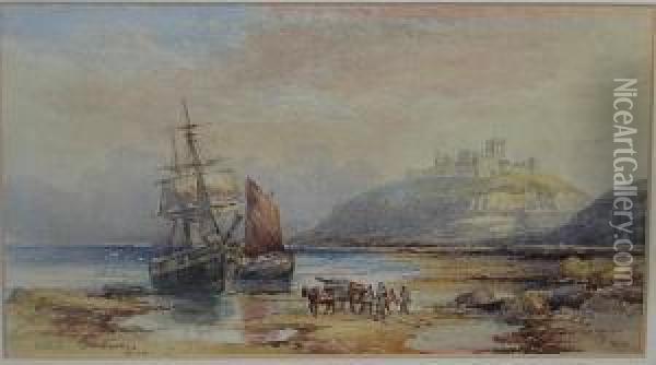 Fisherfolk And Vessels Ashore, Bamburgh Castle Beyond Oil Painting - Robert Ernest Roe