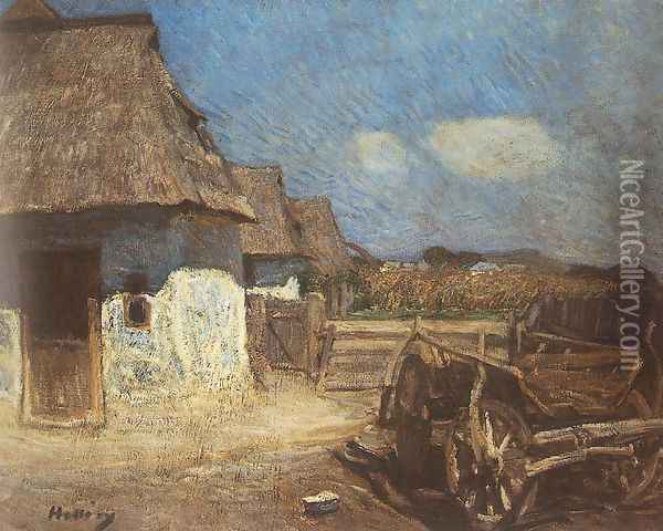 Peasant Yard with Cart 1912 Oil Painting - Simon Hollosy