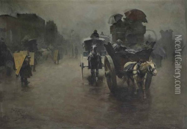 London: Carriages In The Mist, London Oil Painting - Pieter Josselin de Jong