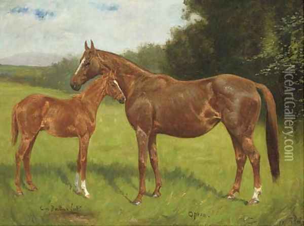 Opera, a chestnut mare with a foal Oil Painting - George Paice