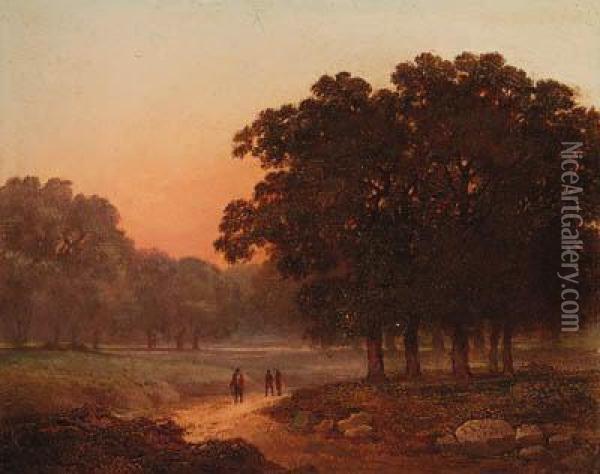 A Wooded Landscape With Figures On A Track Oil Painting - James Arthur O'Connor