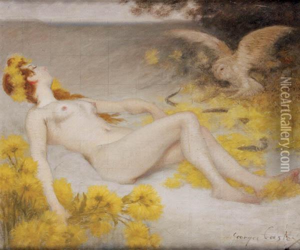 Reclining Nude With Owl And Snake Between Them Oil Painting - Georges Castex
