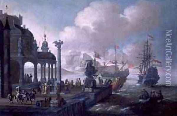 Mediterranean Harbour Scene Oil Painting - Johannes Lingelbach