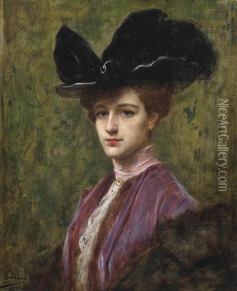 An Elegant Lady In A Black Hat Oil Painting - Henri Adriene Tanoux