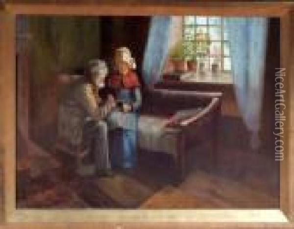 A Cottage Interior With An Elderly Couple Looking At A Photograph Oil Painting - James Watson