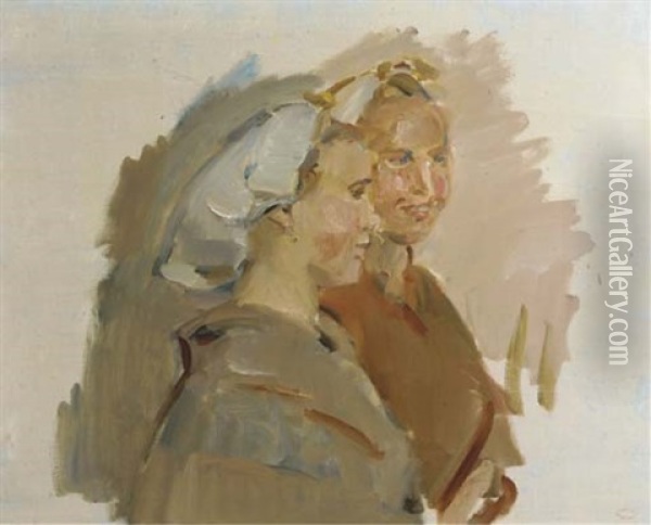 Twee Scheveninger Visschersvrouwen: Two Girls Chatting Oil Painting - Isaac Israels
