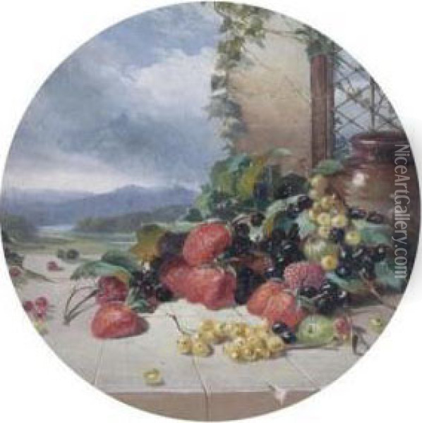 Still Life Of Berries On A Terrace, A Landscape Beyond Oil Painting - William Williams