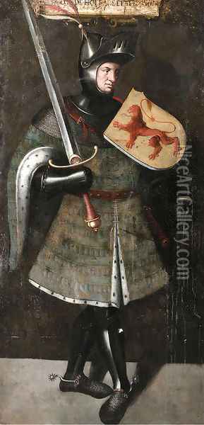 A Knight, full length, holding a Sword and Shield Oil Painting - Flemish School