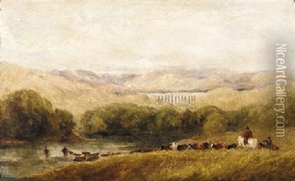 Watering The Herd, North Wales Oil Painting - David Cox the Elder