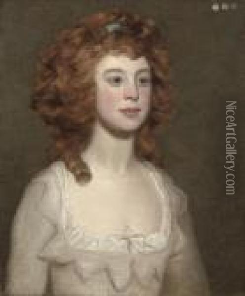 Portrait Of A Young Lady, Half-length, In A White Dress With Pinktrim Oil Painting - Philip Reinagle