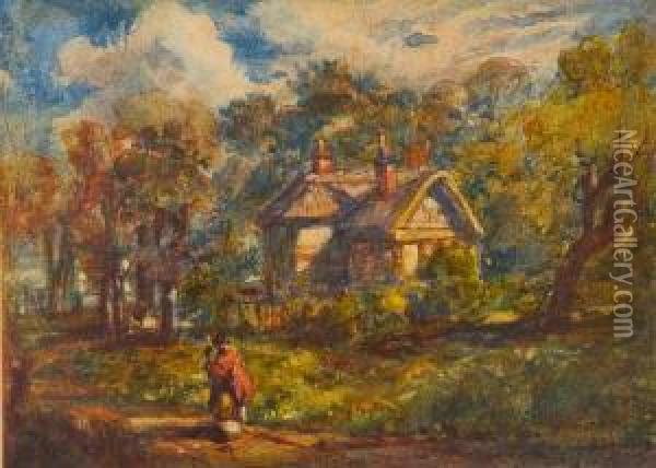 Figures On A Country Path Before Acottage Oil Painting - John Joseph Cotman