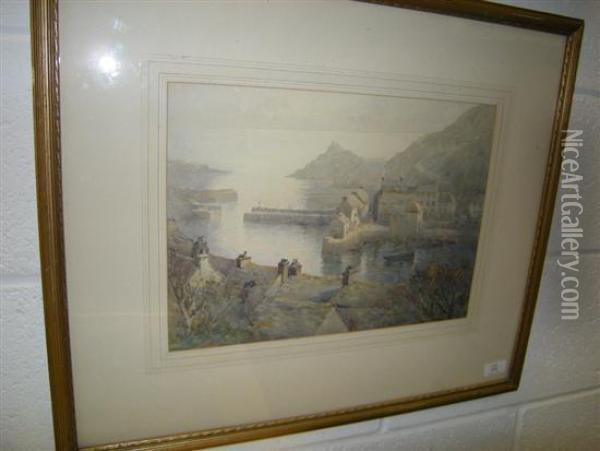 Polperro Harbour Oil Painting - Herbert E. Butler