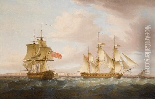 The Calcutta-trade Merchantman 'nonsuch' In Two Positions Off The Kingsgate Gap Oil Painting - Thomas Whitcombe