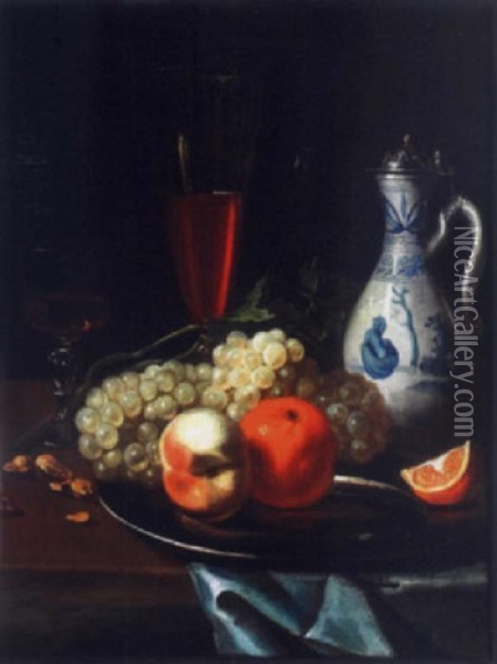 Plateau De Fruits, Pichet Et Verre De Vin Sur Un Entablement Oil Painting - Robert Van Der Myn