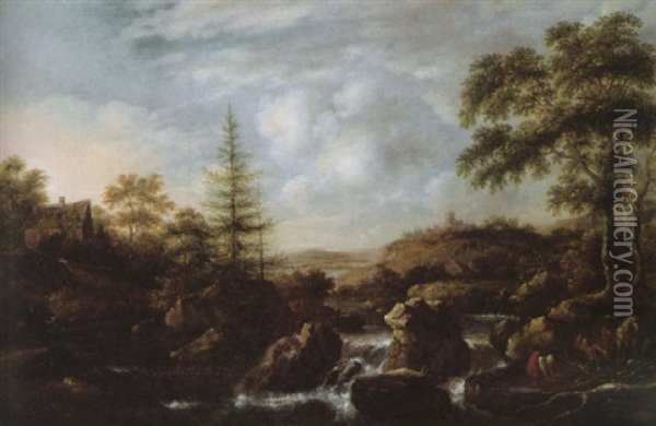 A Wooded Landscape With Peasants Collecting Firewood Beside A Waterfall Oil Painting - Nicolaes Molenaer