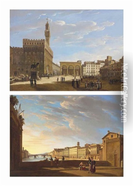 Florence: The Piazza Della Signoria With The Palazzo Vecchio, The Uffizi, And The Loggia Dei Lanzi; And Florence: The Arno, Looking West From The Ponte Vecchio Oil Painting - Giuseppe Gherardi