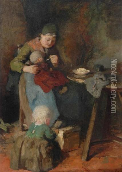 Interior Women Feeding Children By Her Lap, With Another By Her Feet Oil Painting - Arthur Briet