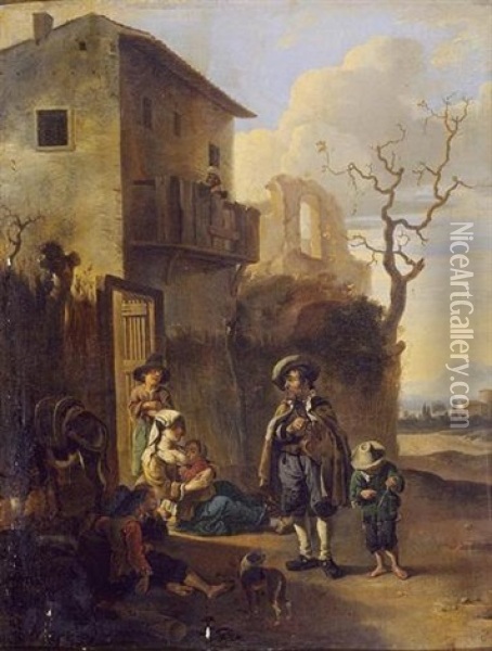 Travelers Resting By A House, With Architectural Ruins Beyond Oil Painting - Antoon Goubau