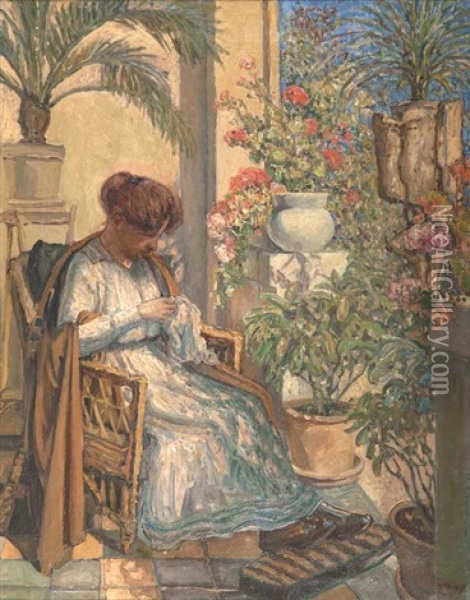 Stickende Frau Oil Painting - Johannes Martin Fastings Wilhjelm