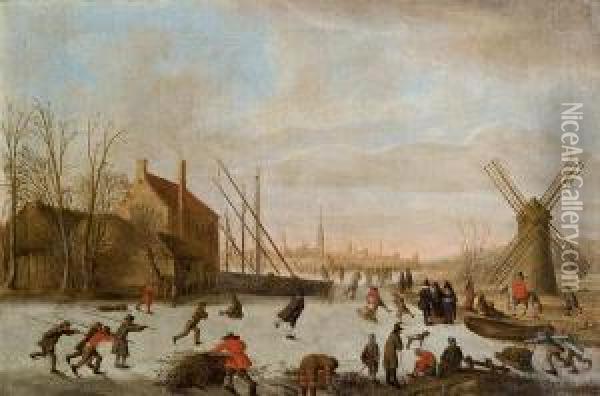 Winterlandschaft Mit Eislaufern Und Muhle Oil Painting - Esaias Van De Velde