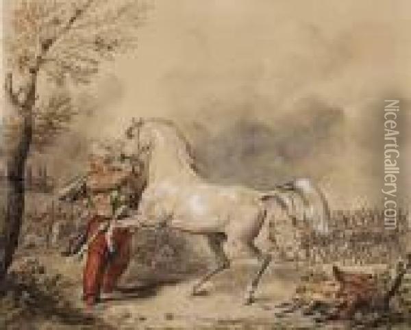 Oriental Et Son Cheval, Une Armee A L'arriere-plan Oil Painting - Carle Vernet
