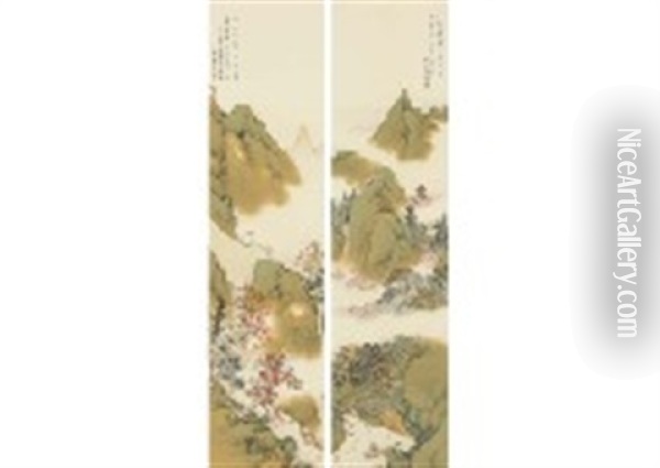 Wuling Taoyuan, Maple Wood Stop (2 Scrolls) Oil Painting - Suiun Komuro