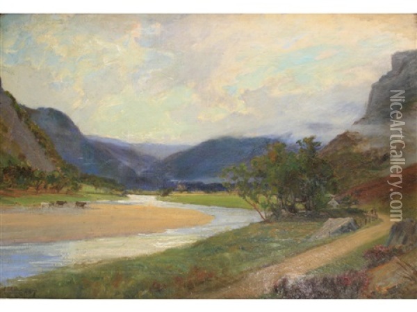 A Gleam Of Sunlight Amidst Scottish Hills Oil Painting - Sir Alfred East