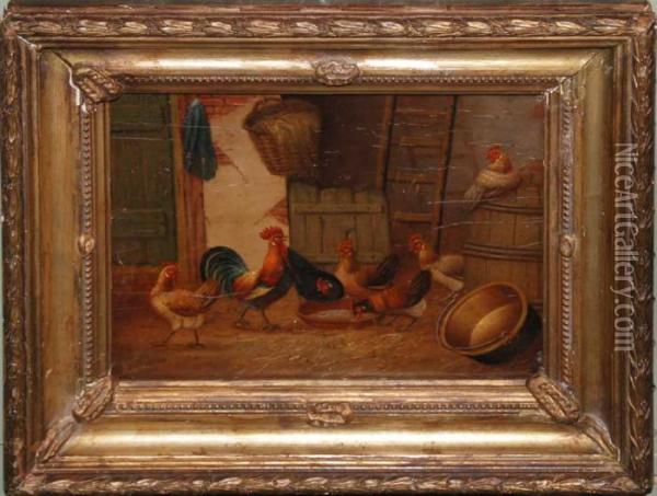 Roosters In Barn Oil Painting - Albertus Verhoesen