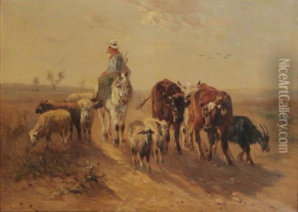 Boer Te Paard Met Koeien En Schapenop De Heide Oil Painting - Henry Schouten
