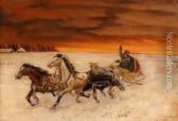 Horses And Their Riders In Snow Oil Painting - Nikolai Egorovich Sverchkov