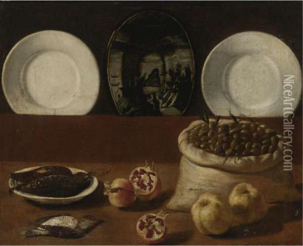 Still Life With Plates, A Sack Filled With Olives, Game, Pomegranates, And Quince Oil Painting - Paolo Antonio Barbieri
