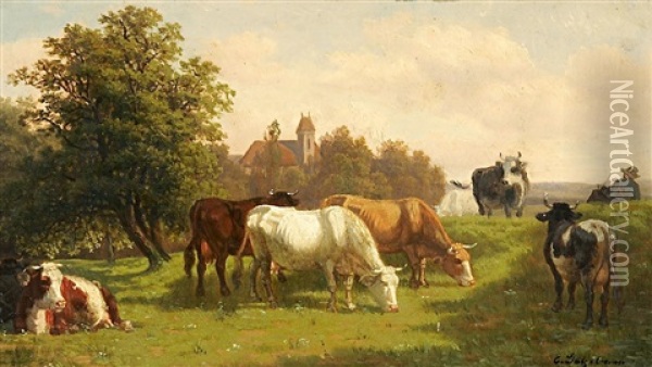Der Viehhirte Mit Seiner Herde Auf Der Weide Oil Painting - Eduard Goetzelmann