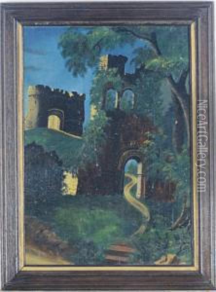 Castle Ruins Under The Moonlight; And A Companion Painting Oil Painting - Thomas Chambers