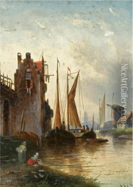 A River Scene At Dusk Oil Painting - Jan Jacob Coenraad Spohler