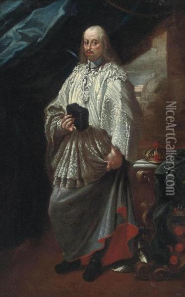 Portrait Of Cosimo Iii De' 
Medici, Grand Duke Of Tuscany , Full-length, In The Vestments Of A Canon
 Of Saint Peter's, Rome, With The Ducal Crown On A Table Beside Him, 
Saint Peter's Beyond Oil Painting - Carlo Maratta or Maratti