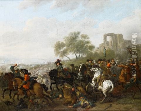 A Cavalry Skirmish In An Open Landscape, A Ruined Village On The Horizon Oil Painting - Jacob van Huchtenburg