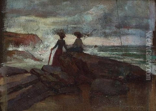 Two Ladies On A Rocky Shore Oil Painting - John Samuel Watkins