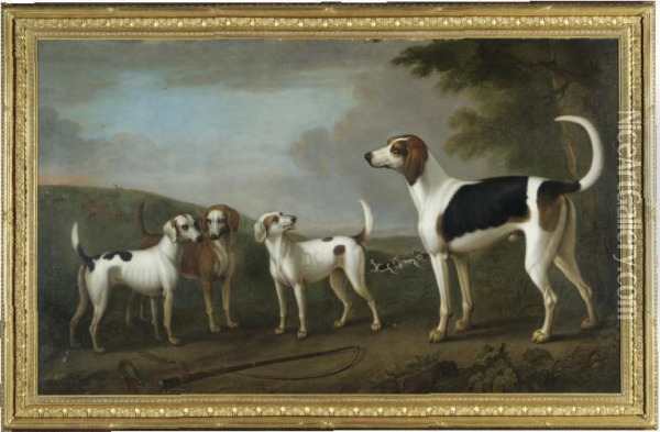 Four Of Sir Robert Walpole's Hounds In A Landscape Oil Painting - Ranelagh Barrett