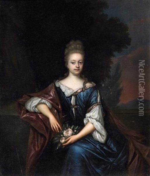Portrait Einer Dame In Blauem Satinkleid. In Den Handen Ein Rosenbouquet Haltend Oil Painting - Roelof Koets the Younger